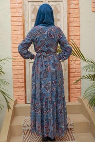 Neva Style - Desenli İndigo Mavisi Tesettür Elbise 3356IM - Thumbnail