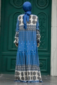 Neva Style - Desenli İndigo Mavisi Tesettür Elbise 50005IM - Thumbnail