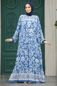 Neva Style - Desenli İndigo Mavisi Tesettür Elbise 50006IM - Thumbnail