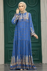 Neva Style - Desenli İndigo Mavisi Tesettür Elbise 50092IM - Thumbnail