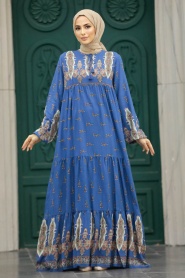 Neva Style - Desenli İndigo Mavisi Tesettür Elbise 50092IM - Thumbnail