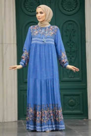 Neva Style - Desenli İndigo Mavisi Tesettür Elbise 50095IM - Thumbnail