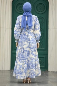 Neva Style - Desenli İndigo Mavisi Tesettür Elbise 5888IM - Thumbnail
