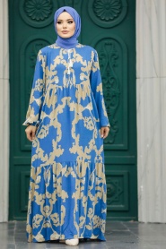 Neva Style - Desenli İndigo Mavisi Tesettür Elbise 6194IM - Thumbnail