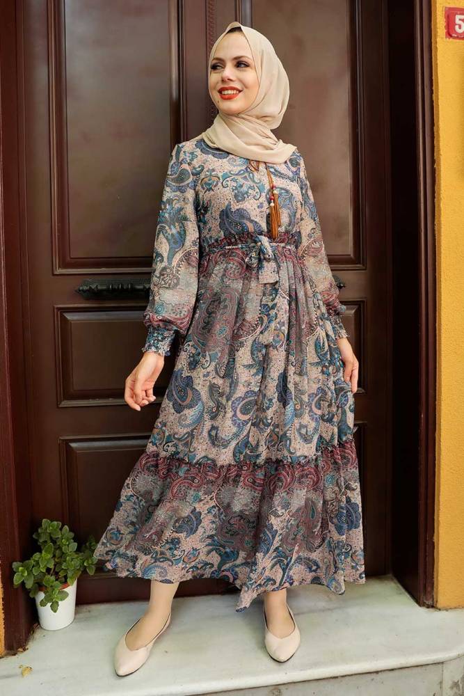 Neva Style - Desenli İndigo Mavisi Tesettür Elbise 76440IM - 2