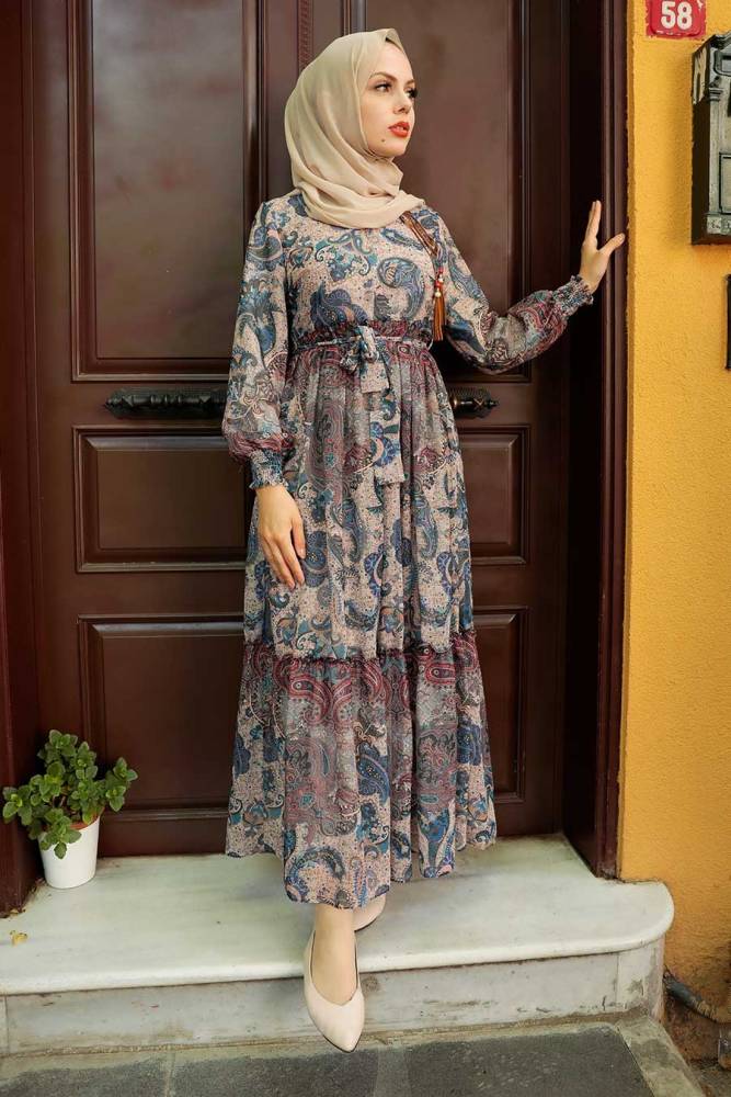 Neva Style - Desenli İndigo Mavisi Tesettür Elbise 76440IM - 3