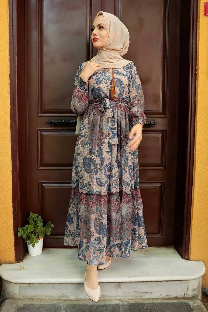 Neva Style - Desenli İndigo Mavisi Tesettür Elbise 76440IM - 1