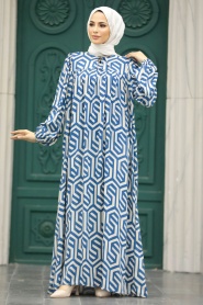 Neva Style - Desenli İndigo Mavisi Tesettür Elbise 8995IM - Thumbnail