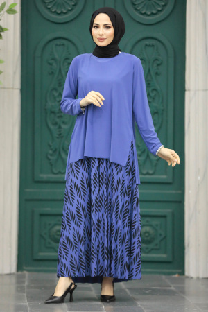 Neva Style - Desenli İndigo Mavisi Tesettür Etekli İkili Takım 41631IM - 1