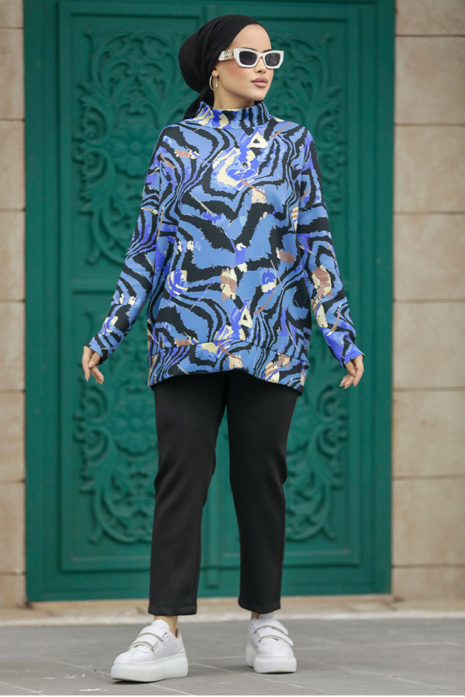 Neva Style - Desenli İndigo Mavisi Tesettür İkili Takım 7115IM - 1