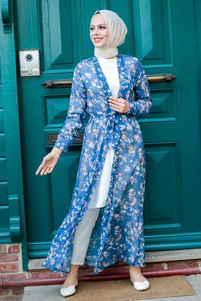 Neva Style - Desenli İndigo Mavisi Tesettür Kimono 5651IM - 1