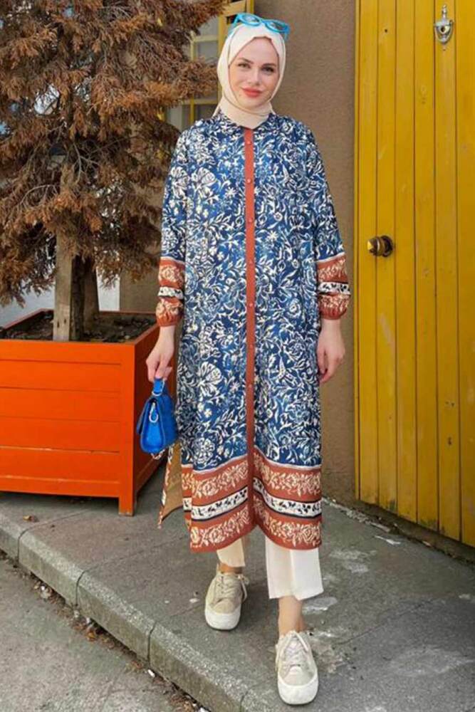 Neva Style - Desenli İndigo Mavisi Tesettür Tunik 92830IM - 1