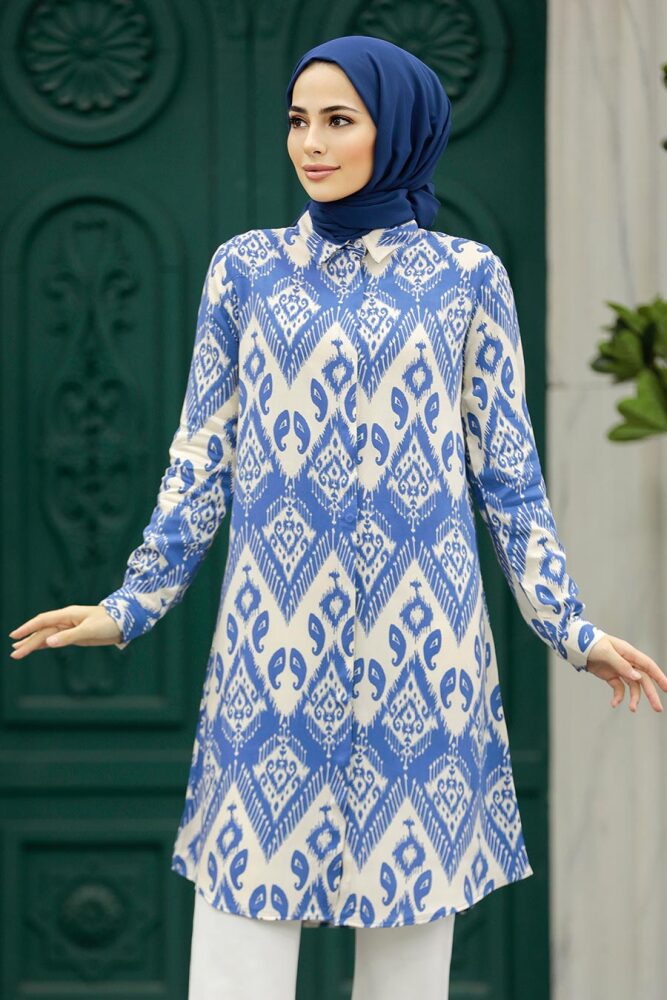 Neva Style - Desenli İndigo Mavisi Tesettür Viskon Tunik 11603IM - 1