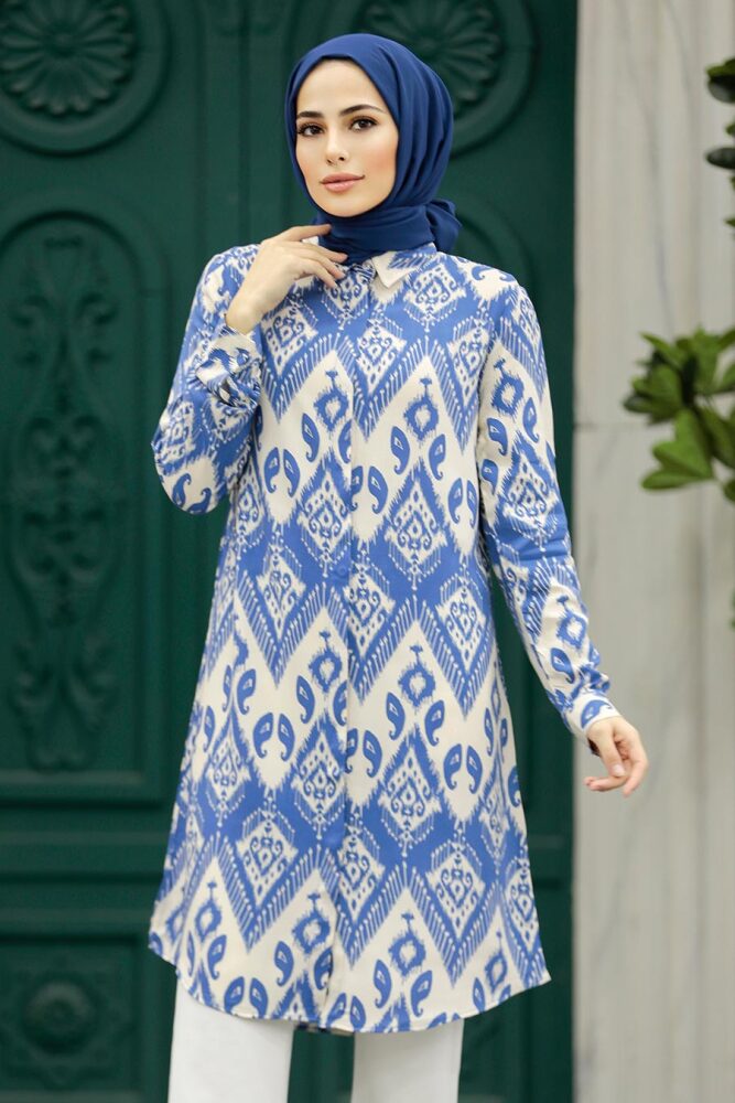 Neva Style - Desenli İndigo Mavisi Tesettür Viskon Tunik 11603IM - 2