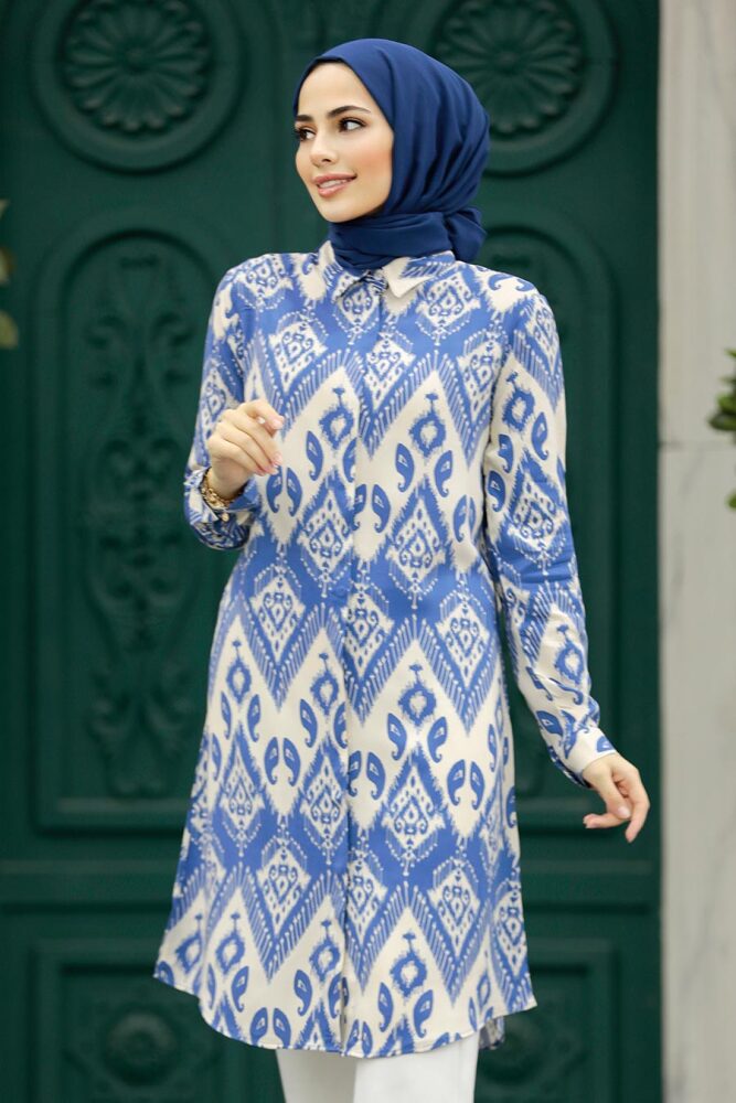 Neva Style - Desenli İndigo Mavisi Tesettür Viskon Tunik 11603IM - 3