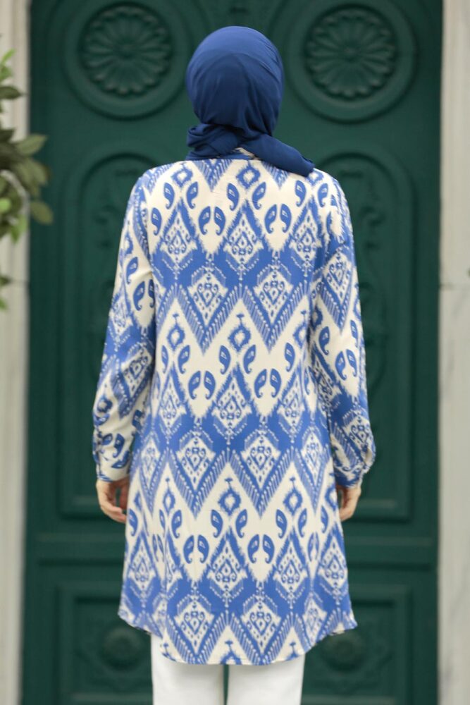 Neva Style - Desenli İndigo Mavisi Tesettür Viskon Tunik 11603IM - 4