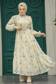 Neva Style - Desenli İndigo Mavisi Tesettür Elbise 13130IM - Thumbnail