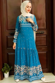 Neva Style - Desenli İndigo Mavisi Viskon Tesettür Elbise 5191IM - Thumbnail