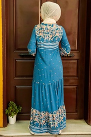Neva Style - Desenli İndigo Mavisi Viskon Tesettür Elbise 5191IM - Thumbnail