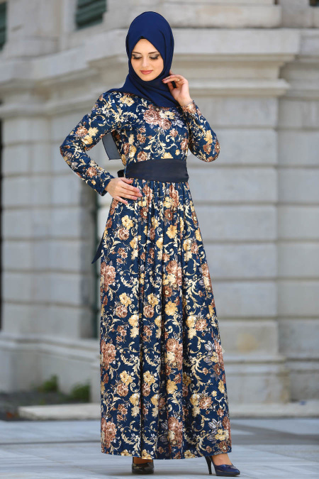 Neva Style - Desenli Kahverengi Kadife Tesettür Elbise 20930KH