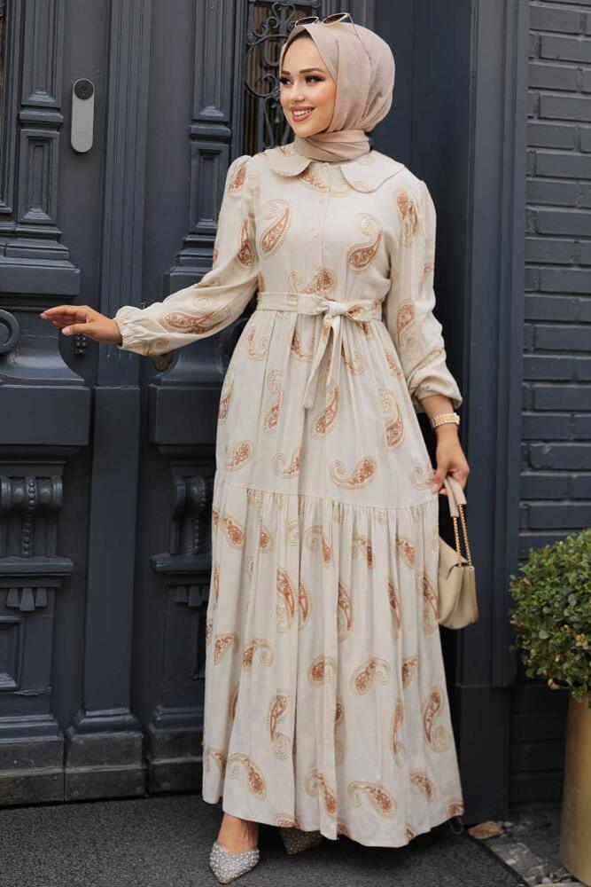Neva Style - Desenli Kahverengi Tesettür Elbise 10302KH - 2