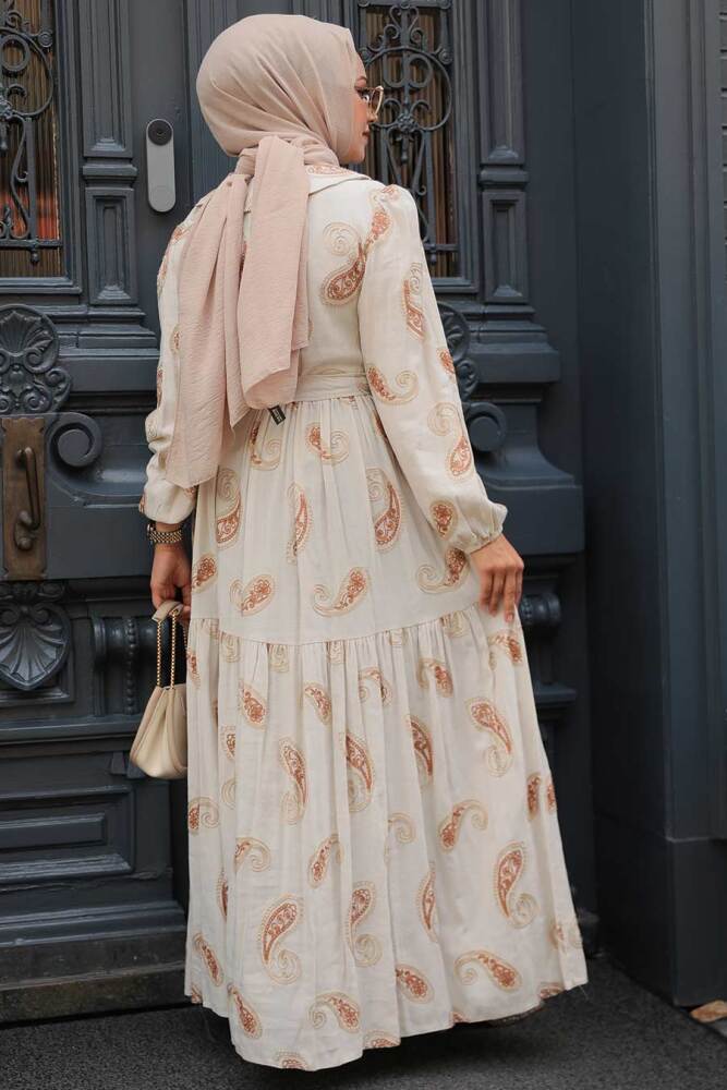 Neva Style - Desenli Kahverengi Tesettür Elbise 10302KH - 3