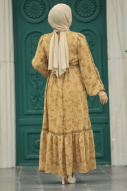 Neva Style - Desenli Kahverengi Tesettür Elbise 13541KH - Thumbnail