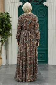Neva Style - Desenli Kahverengi Tesettür Elbise 3356KH - Thumbnail