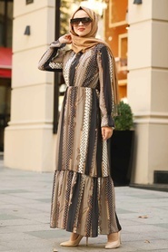 Neva Style - Desenli Kahverengi Tesettür Elbise 8026KH - Thumbnail