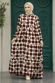 Neva Style - Desenli Kahverengi Tesettür Elbise 89741KH - Thumbnail