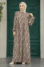 Neva Style - Desenli Kahverengi Tesettür Elbise 8995KH - Thumbnail