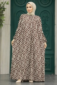 Neva Style - Desenli Kahverengi Tesettür Elbise 8995KH - Thumbnail