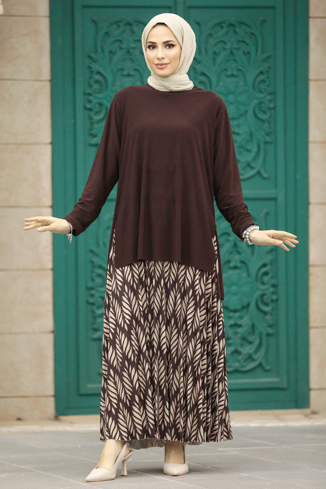 Neva Style - Desenli Kahverengi Tesettür Etekli İkili Takım 41631KH - NEVA STYLE