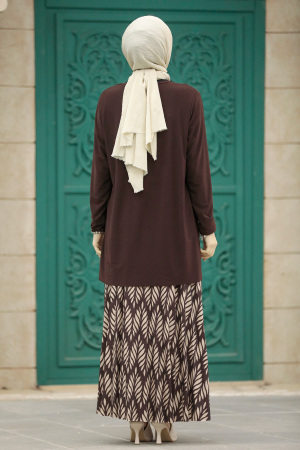 Neva Style - Desenli Kahverengi Tesettür Etekli İkili Takım 41631KH - 3