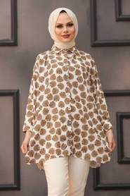 Neva Style - Desenli Kahverengi Tesettür Tunik 273202KH - Thumbnail