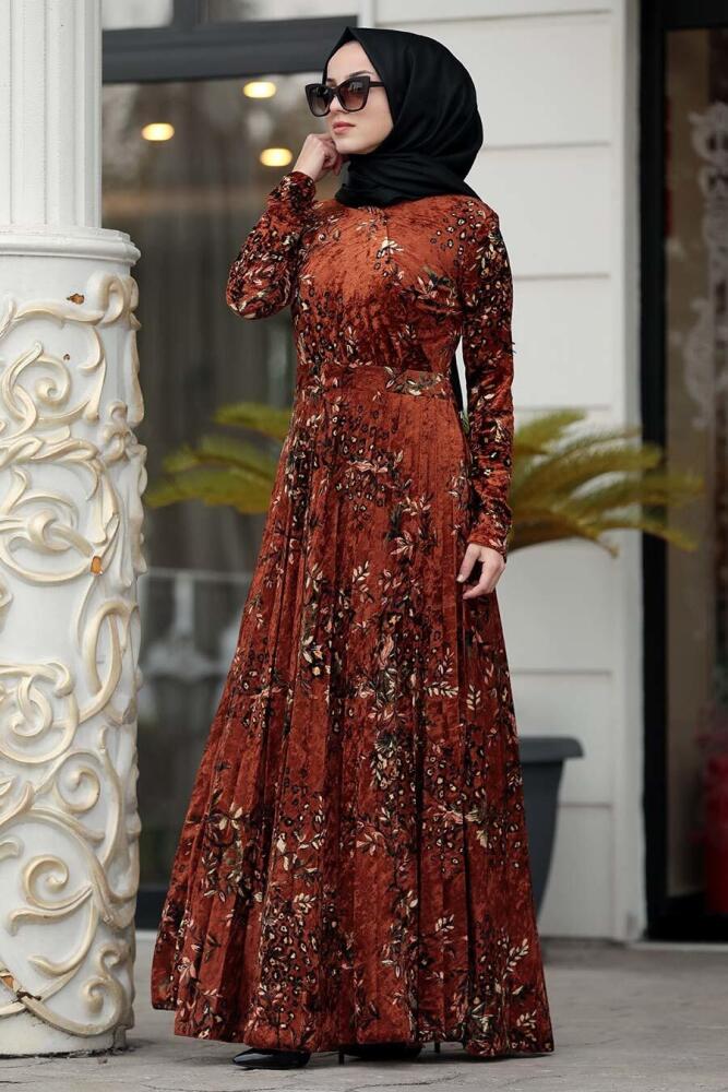 Neva Style - Desenli Kiremit Tesettür Kadife Elbise 1452KRMT - 1