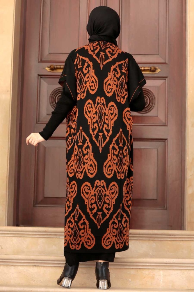 Neva Style - Desenli Kiremit Tesettür Triko İkili Takım 3178KRMT - 2