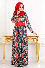 Neva Style - Desenli Kırmızı Kadife Tesettür Elbise 20930K - Thumbnail