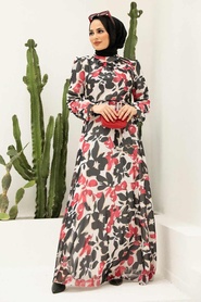 Neva Style - Desenli Kırmızı Tesettür Elbise 2925K - Thumbnail