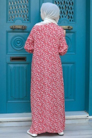Neva Style - Desenli Kırmızı Tesettür Elbise 7660K - Thumbnail