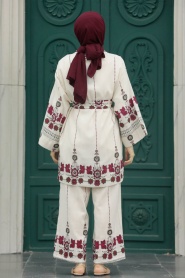  Neva Style - Desenli Kırmızı Tesettür Kimono İkili Takım 12120K - Thumbnail