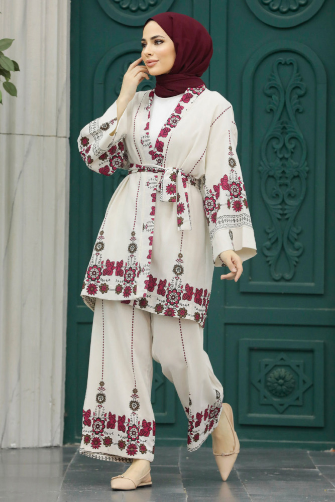  Desenli Kırmızı Tesettür Kimono İkili Takım 12120K - 1