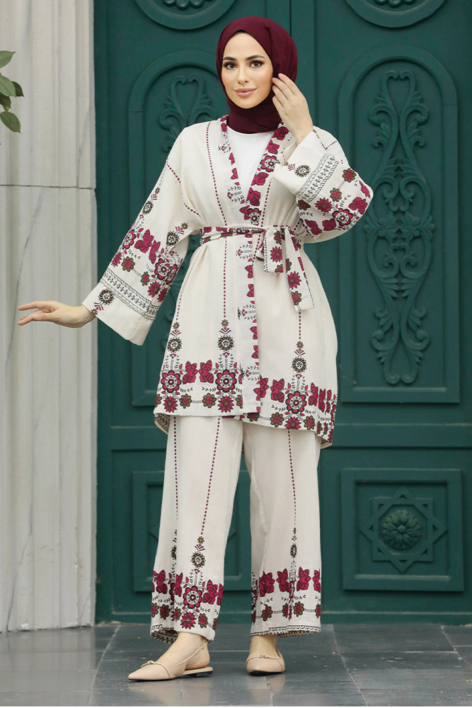  Desenli Kırmızı Tesettür Kimono İkili Takım 12120K - 2