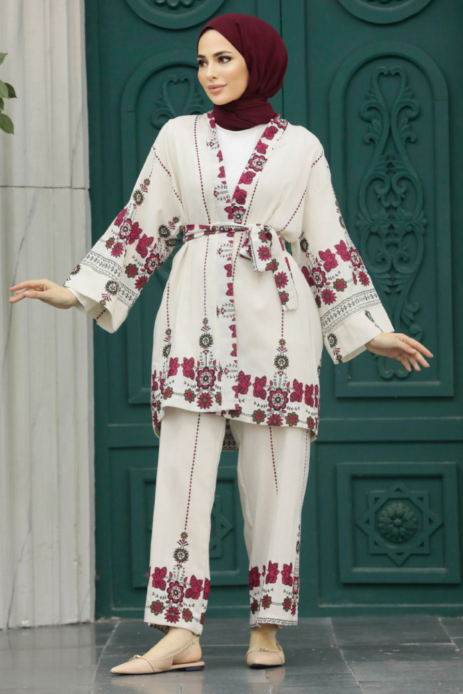 Desenli Kırmızı Tesettür Kimono İkili Takım 12120K - 3