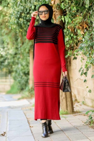 Neva Style - Desenli Kırmızı Tesettür Triko Elbise 15718K - 1