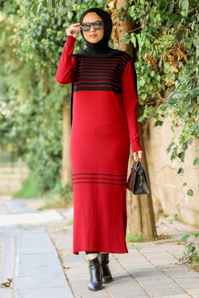 Neva Style - Desenli Kırmızı Tesettür Triko Elbise 15718K - 1