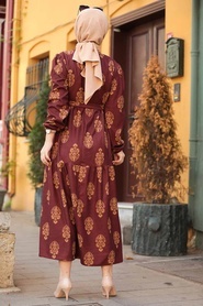 Neva Style - Desenli Koyu Gül Kurusu Tesettür Elbise 5198KGK - Thumbnail