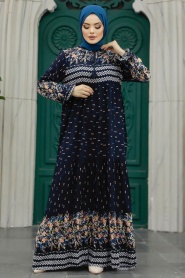 Neva Style - Desenli Koyu Lacivert Tesettür Elbise 50095KL - Thumbnail