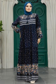 Neva Style - Desenli Koyu Lacivert Tesettür Elbise 50095KL - Thumbnail