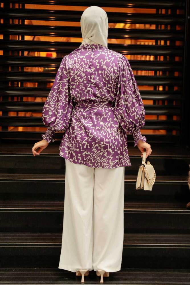  Desenli Koyu Lila Tesettür Saten Tunik 2445KLILA - 3